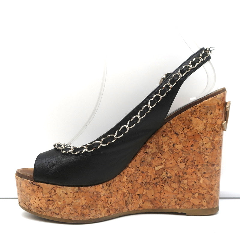 Chain-Trim Slingback Cork Platform Wedge Sandals Black Leather Size 37.5 product image 6, provided for visual reference and