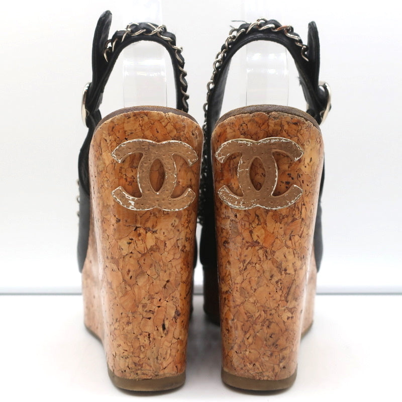 Chain-Trim Slingback Cork Platform Wedge Sandals Black Leather Size 37.5 product image 7, provided for visual reference and