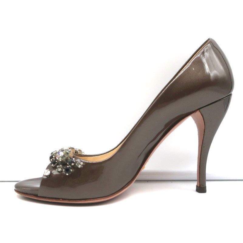Prada Crystal-Embellished Peep Toe Pumps Brown Metallic Patent Leather Size 36.5 product image 7, provided for visual