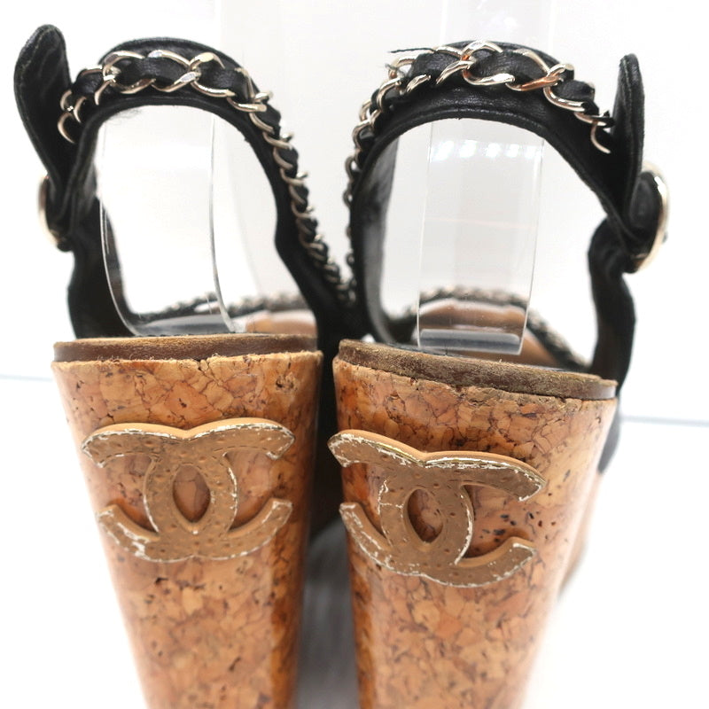 Chain-Trim Slingback Cork Platform Wedge Sandals Black Leather Size 37.5 product image 8, provided for visual reference and