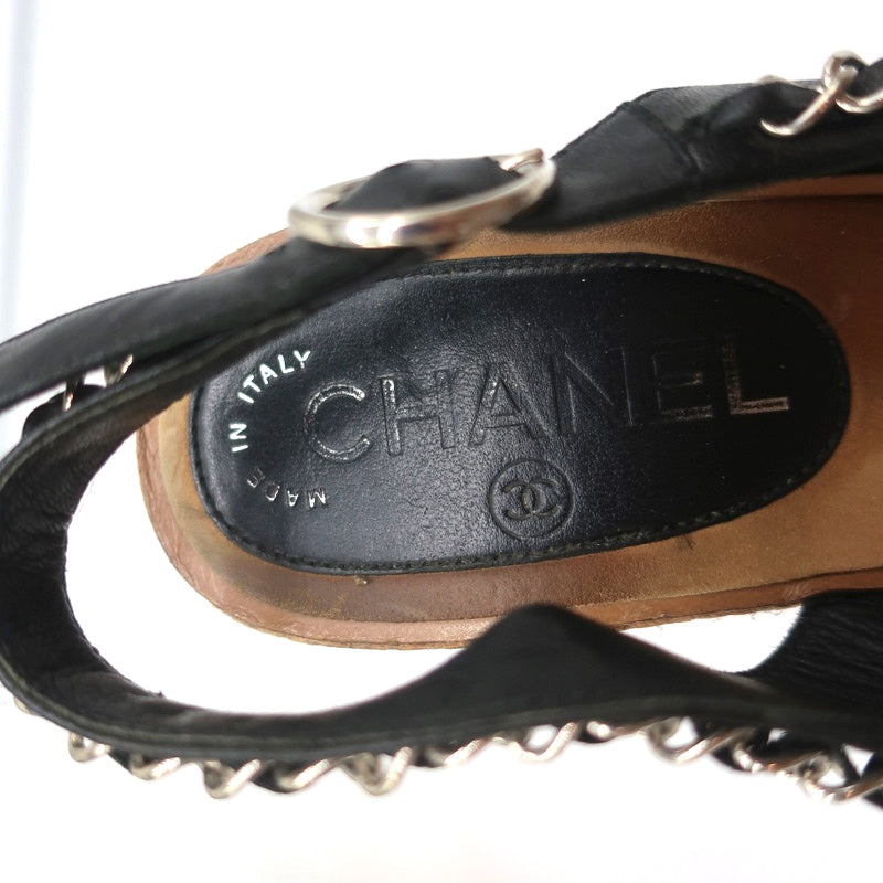 Chain-Trim Slingback Cork Platform Wedge Sandals Black Leather Size 37.5 product image 9, provided for visual reference and