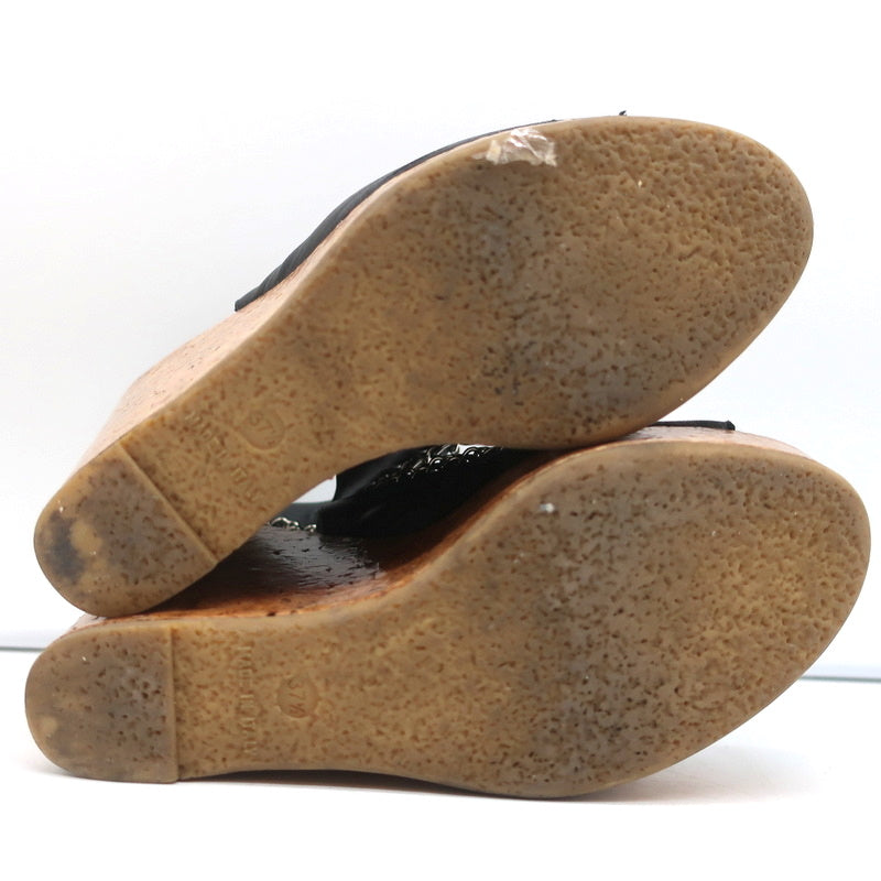 Chain-Trim Slingback Cork Platform Wedge Sandals Black Leather Size 37.5 product image 10, provided for visual reference and