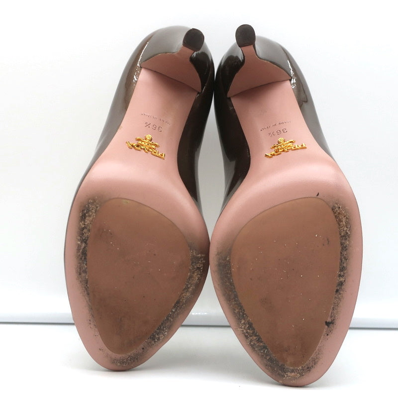 Prada Crystal-Embellished Peep Toe Pumps Brown Metallic Patent Leather Size 36.5 product image 10, provided for visual