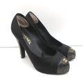 CC Cap Toe Platform Pumps Black Canvas & Gold Metallic Leather Size 36.5 product image 1, provided for visual reference and