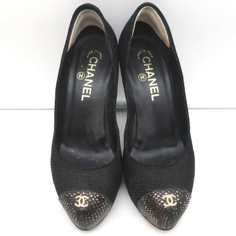 CC Cap Toe Platform Pumps Black Canvas & Gold Metallic Leather Size 36.5 product image 3, provided for visual reference and