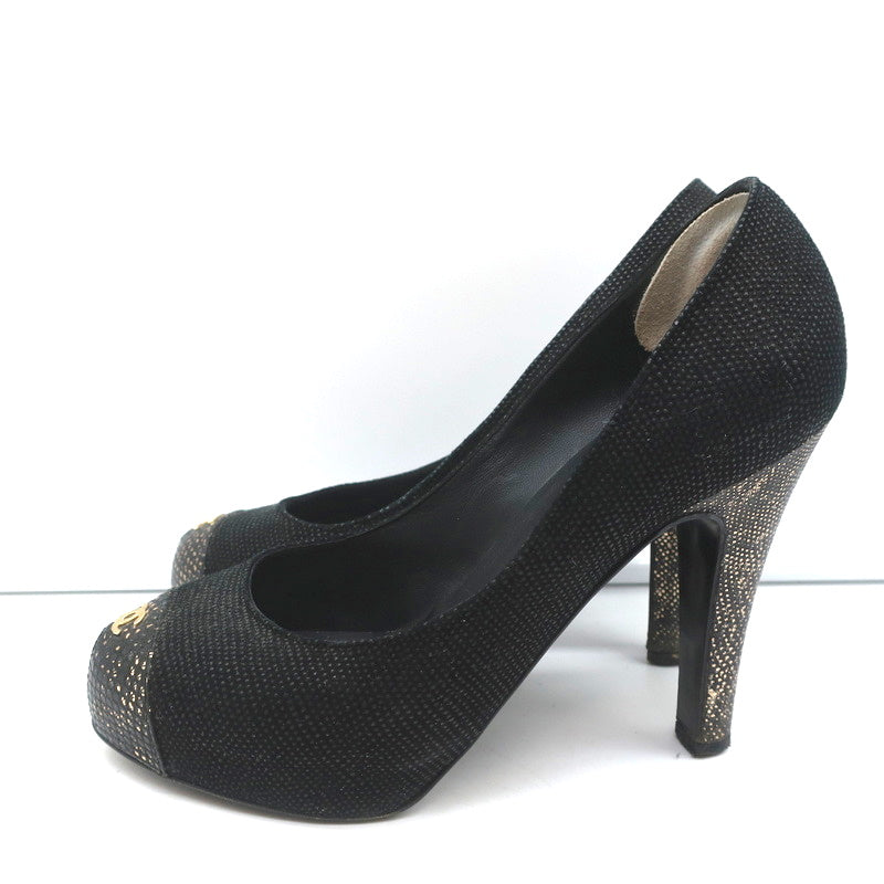 CC Cap Toe Platform Pumps Black Canvas & Gold Metallic Leather Size 36.5 product image 5, provided for visual reference and