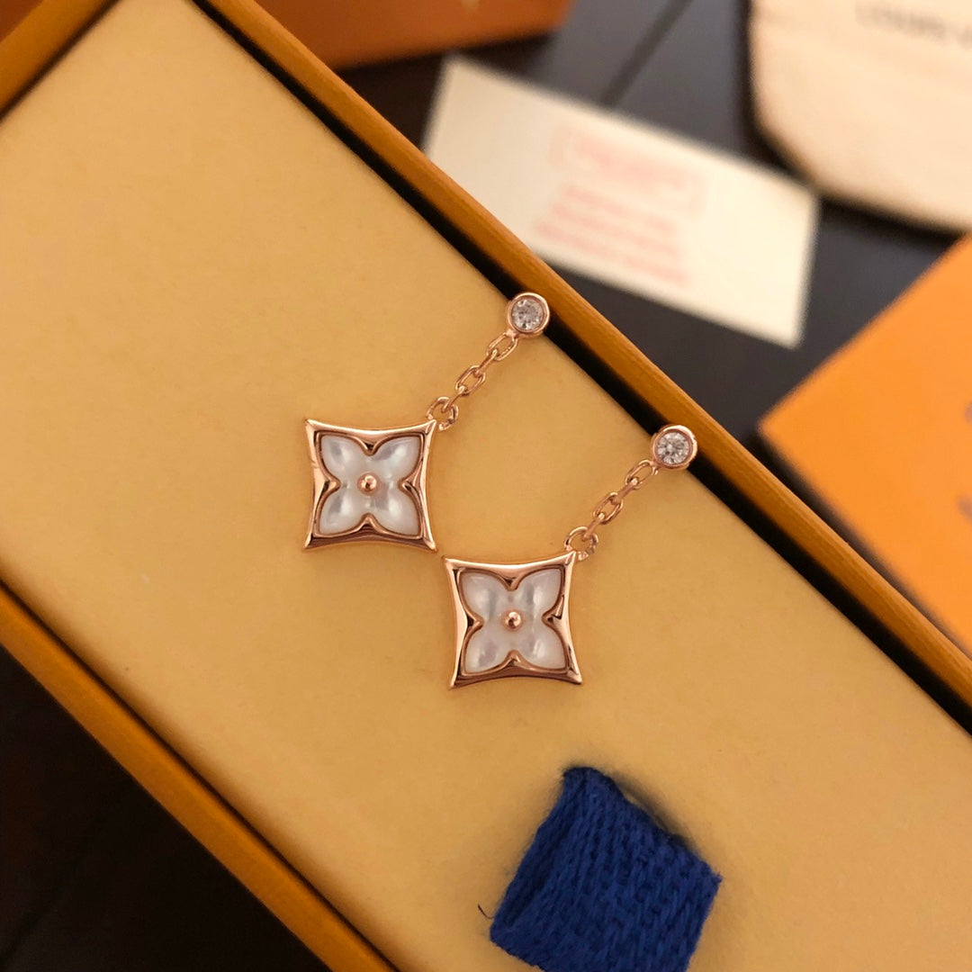 Rhombus-Shaped Floral Natural White Mother-of-Pearl and Diamond Earrings product image 3, provided for visual reference and