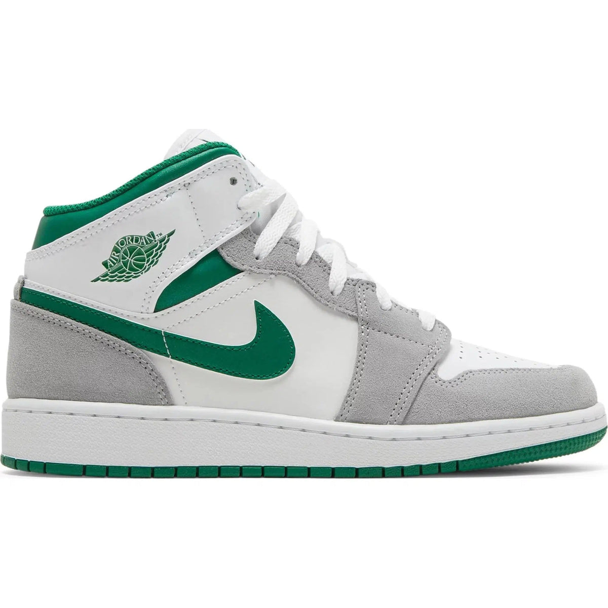 Nike Air Jordan 1 Mid 'Grey Pine Green' (GS) product image 1, provided for visual reference and product detail review