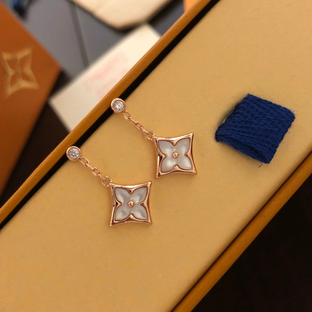 Rhombus-Shaped Floral Natural White Mother-of-Pearl and Diamond Earrings product image 4, provided for visual reference and