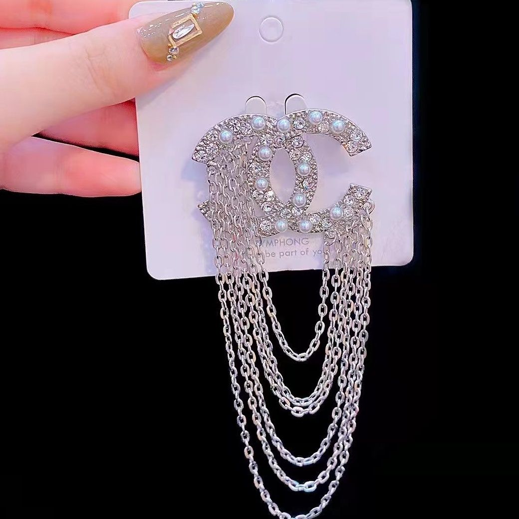 Studded letter tassel brooch product image 2, provided for visual reference and product detail review
