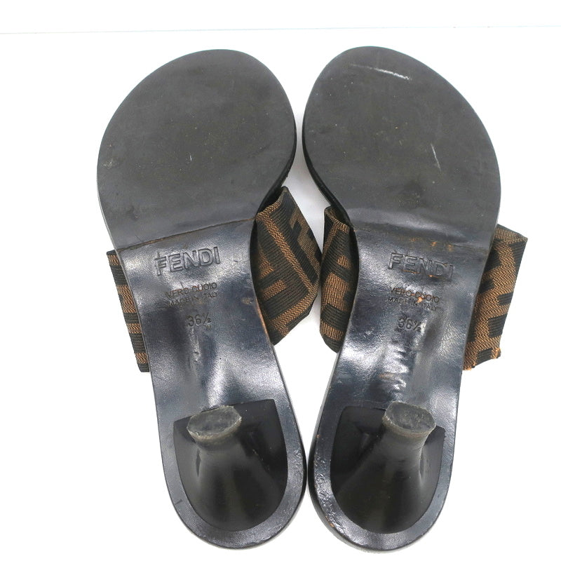 Fendi Zucca Thong Sandals Brown with Black Leather Size 36.5 Kitten Heel Slides product image 10, provided for visual