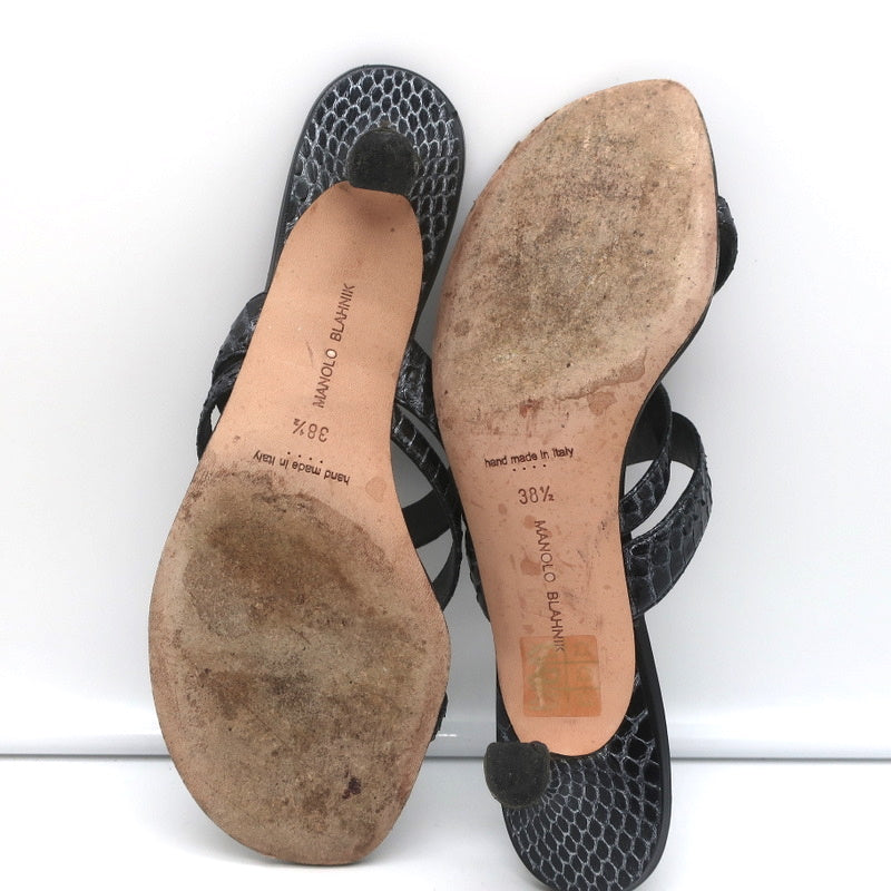 Manolo Blahnik Susa Thong Sandals Black Snakeskin Size 38.5 Kitten Heel Slides product image 9, provided for visual