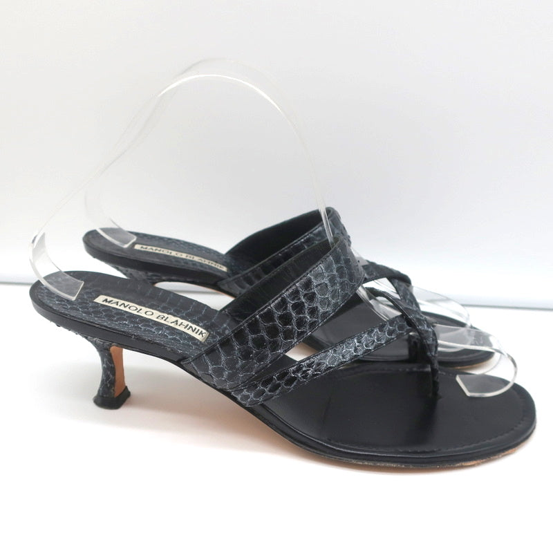 Manolo Blahnik Susa Thong Sandals Black Snakeskin Size 38.5 Kitten Heel Slides product image 2, provided for visual