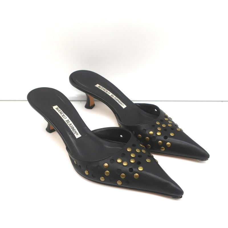 Manolo Blahnik Studded Mules Balu Black Perforated Leather Size 36.5 Kitten Heel product image 2, provided for visual