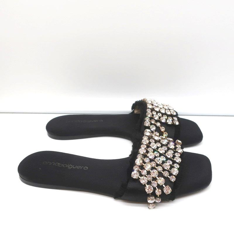 Anna Baiguera Crystal Fringe Slide Sandals Black Satin Size 38 Flat Mules product image 2, provided for visual reference and
