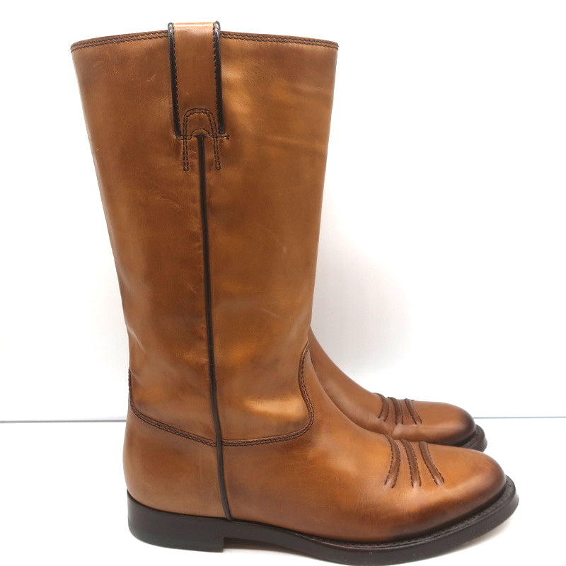 Gucci Riding Boots Brown Burnished Leather Size 37 Mid Calf Flat product image 2, provided for visual reference and product