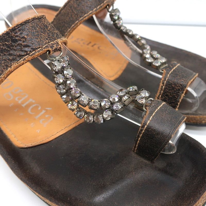 Pedro Garcia Crystal T-Strap Sandals Dark Brown Leather Size 37 Toe Ring Slides product image 2, provided for visual