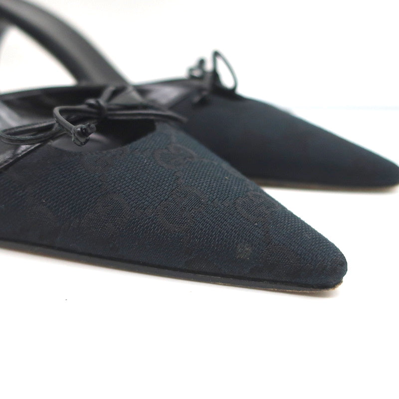 Gucci Bow Mules Black Monogram Canvas & Leather Size 8 Pointed Toe Heels product image 2, provided for visual reference and