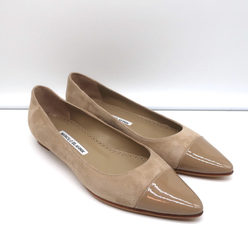 Manolo Blahnik Bipunta Cap Toe Flats Taupe Suede & Patent Leather Size 36 NEW product image 2, provided for visual reference