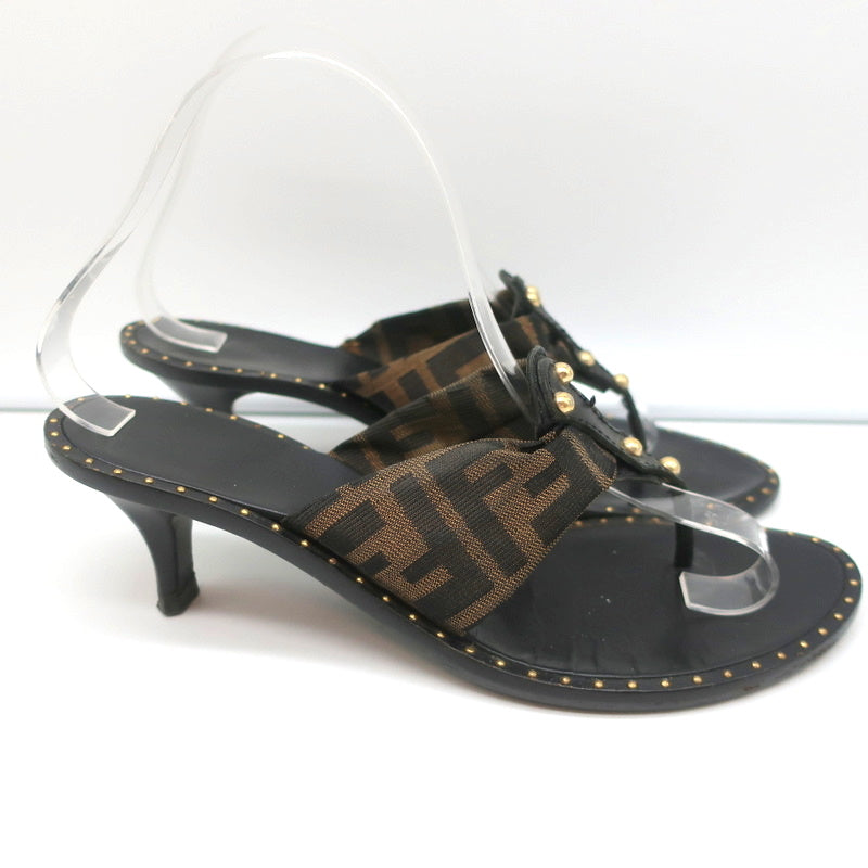 Fendi Zucca Thong Sandals Brown with Black Leather Size 36.5 Kitten Heel Slides product image 2, provided for visual