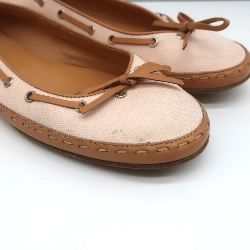 Laced Bow Ballet Flats Very Light Pink Canvas & Tan Leather Size 39.5 product image 2, provided for visual reference and