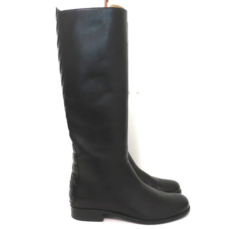 Fendi Riding Boots Black Croc-Trim Leather Size 36 Flat Knee High Boots product image 2, provided for visual reference and