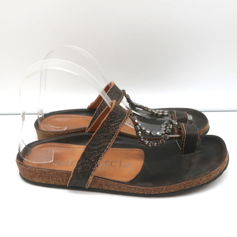 Pedro Garcia Crystal T-Strap Sandals Dark Brown Leather Size 37 Toe Ring Slides product image 3, provided for visual