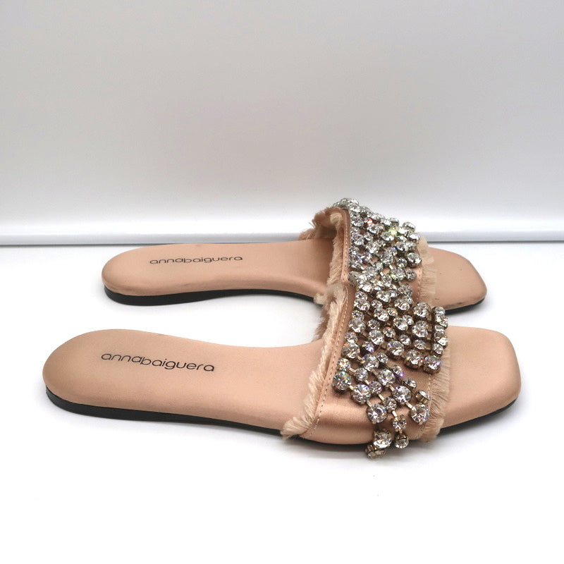 Anna Baiguera Crystal Fringe Slide Sandals Peach Satin Size 38 Flat Mules product image 3, provided for visual reference and