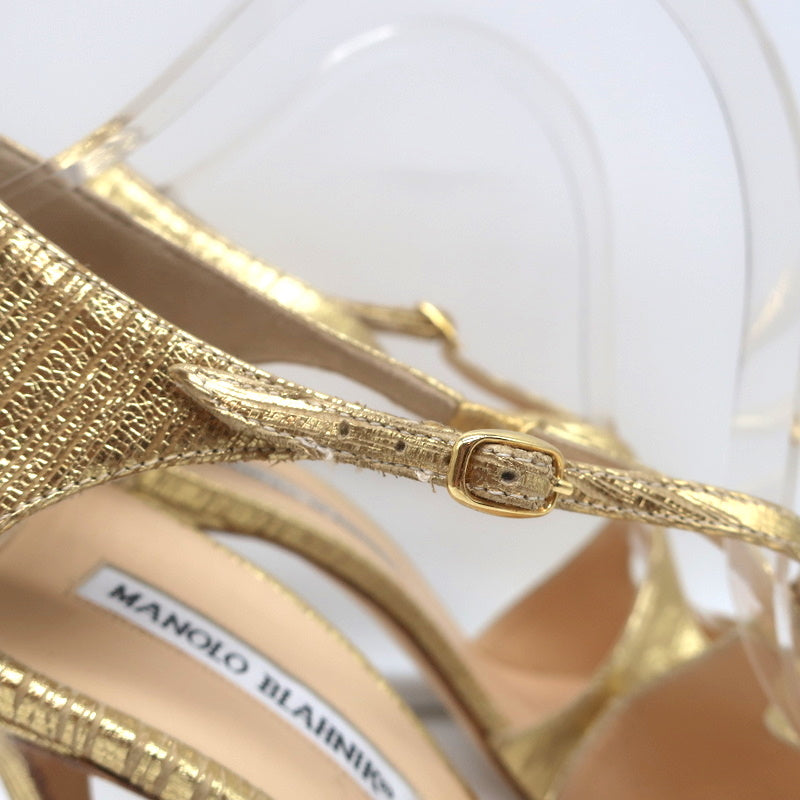 Manolo Blahnik Crisscross Sandals Metallic Gold Size 38.5 Peep Toe Heels NEW product image 2, provided for visual reference