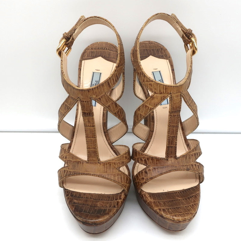 Prada Platform Sandals Brown Croc-Embossed Leather Size 38 Slingback Heels product image 3, provided for visual reference