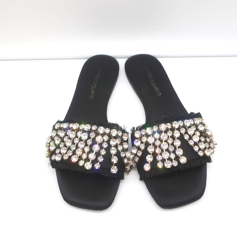 Anna Baiguera Crystal Fringe Slide Sandals Black Satin Size 38 Flat Mules product image 3, provided for visual reference and