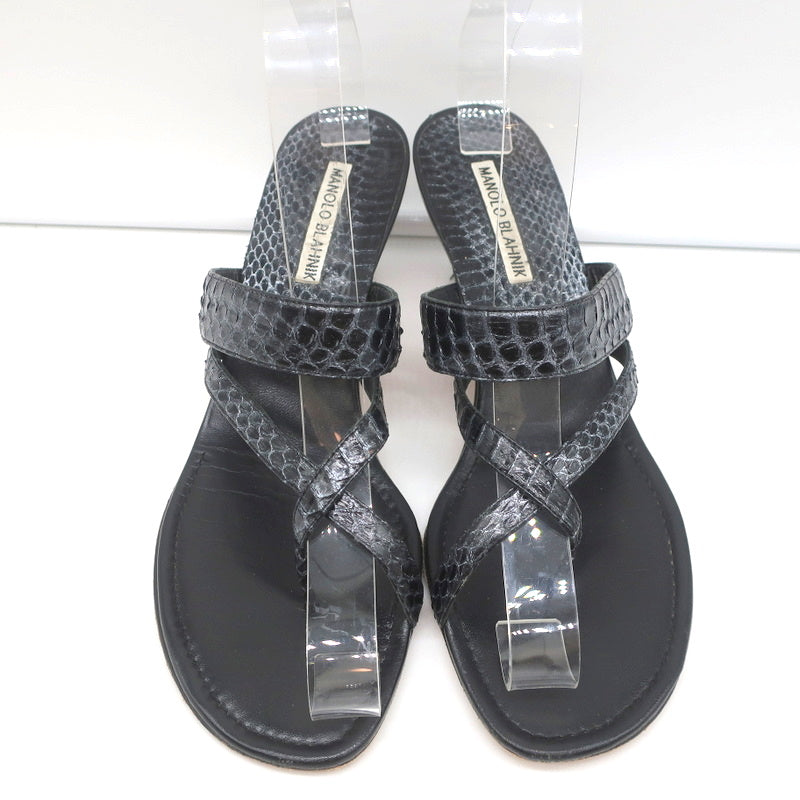 Manolo Blahnik Susa Thong Sandals Black Snakeskin Size 38.5 Kitten Heel Slides product image 3, provided for visual