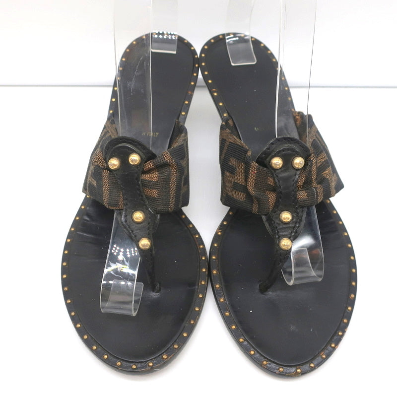 Fendi Zucca Thong Sandals Brown with Black Leather Size 36.5 Kitten Heel Slides product image 3, provided for visual