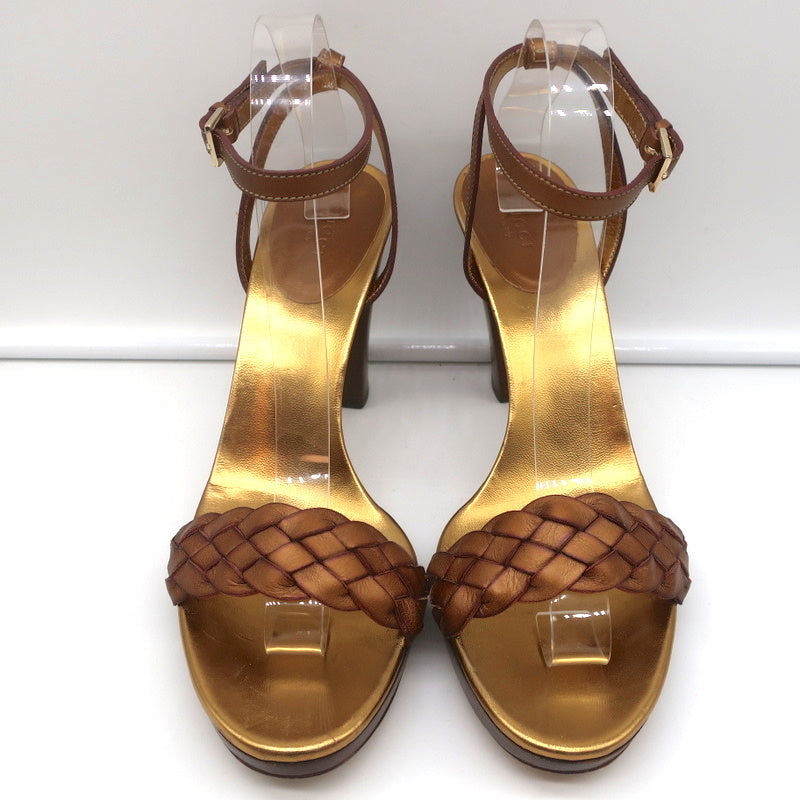 Gucci Braided Platform Sandals Bronze Metallic Leather Size 9.5 Ankle Strap Heel product image 4, provided for visual