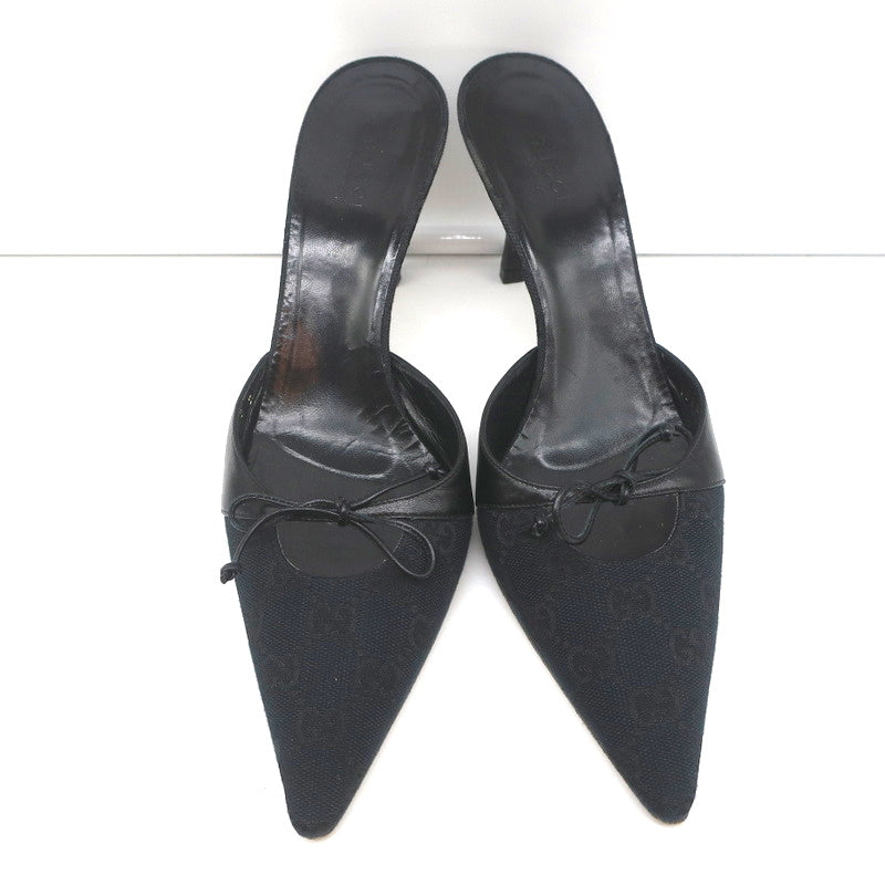 Gucci Bow Mules Black Monogram Canvas & Leather Size 8 Pointed Toe Heels product image 4, provided for visual reference and