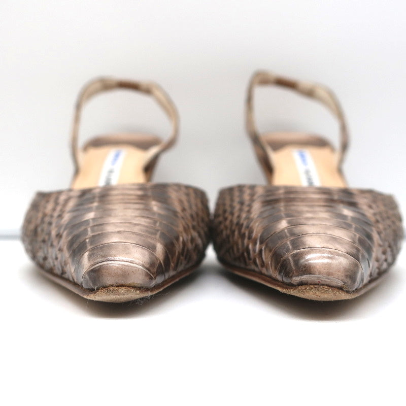 Manolo Blahnik Carolyne Slingback Pumps Brown Snakeskin Size 38.5 Pointed Toe product image 4, provided for visual reference
