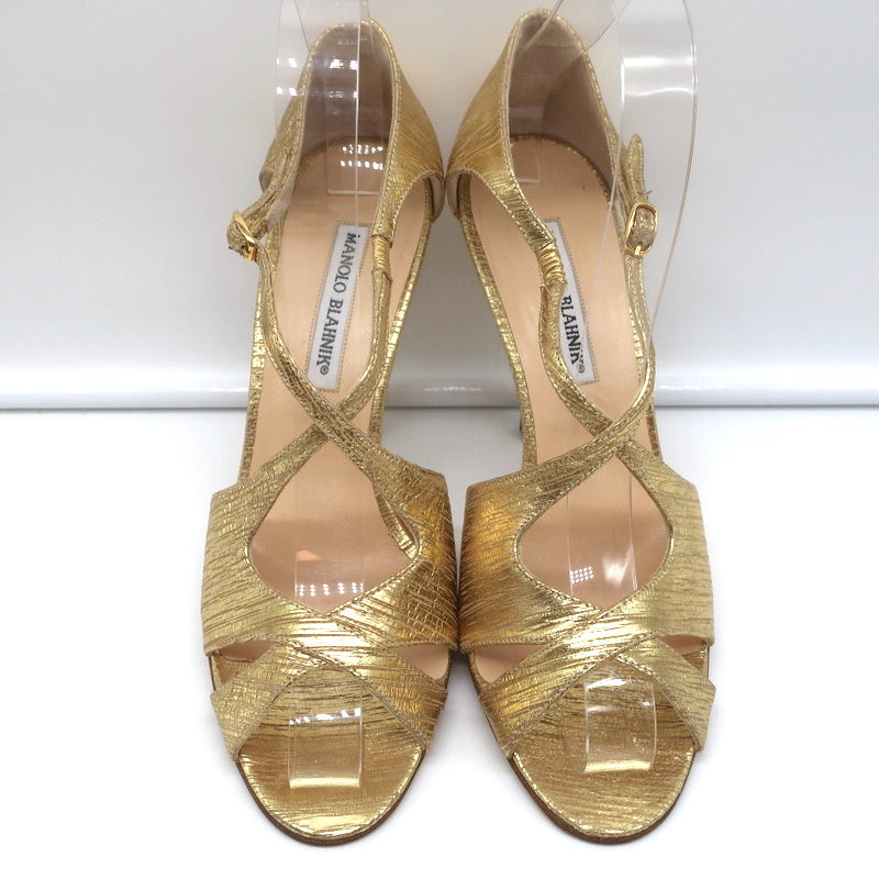 Manolo Blahnik Crisscross Sandals Metallic Gold Size 38.5 Peep Toe Heels NEW product image 3, provided for visual reference