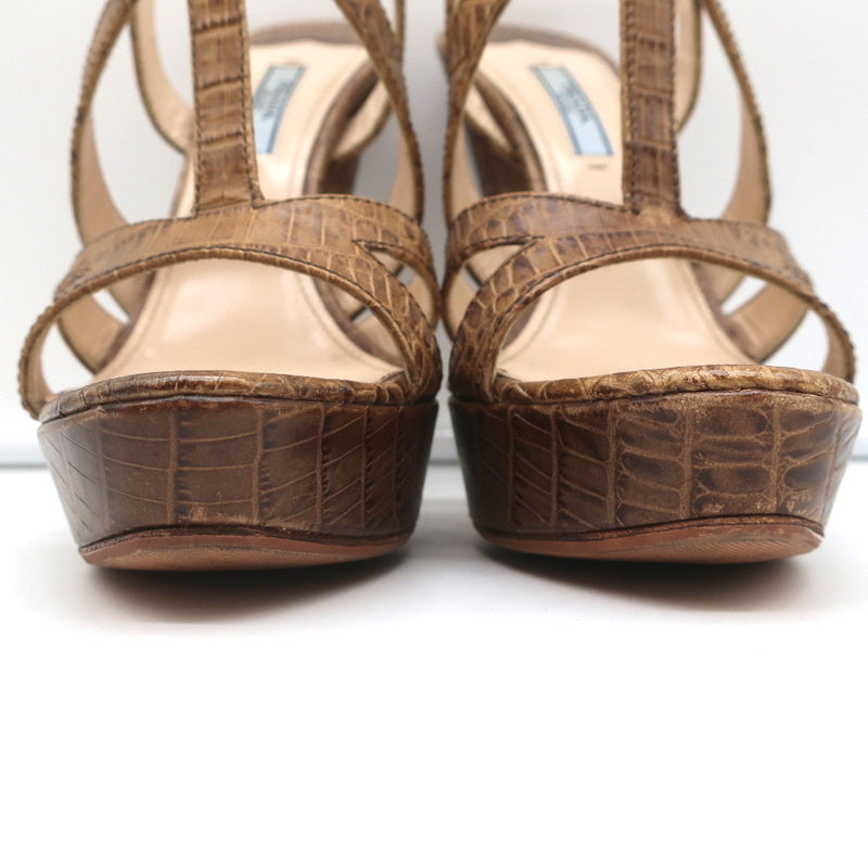 Prada Platform Sandals Brown Croc-Embossed Leather Size 38 Slingback Heels product image 4, provided for visual reference