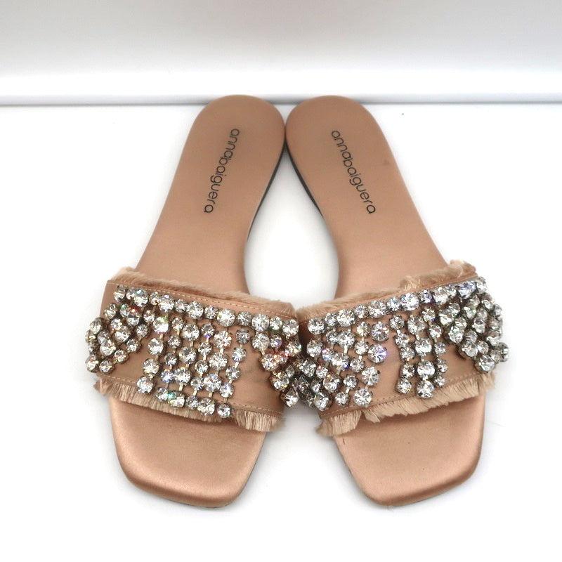 Anna Baiguera Crystal Fringe Slide Sandals Peach Satin Size 38 Flat Mules product image 4, provided for visual reference and