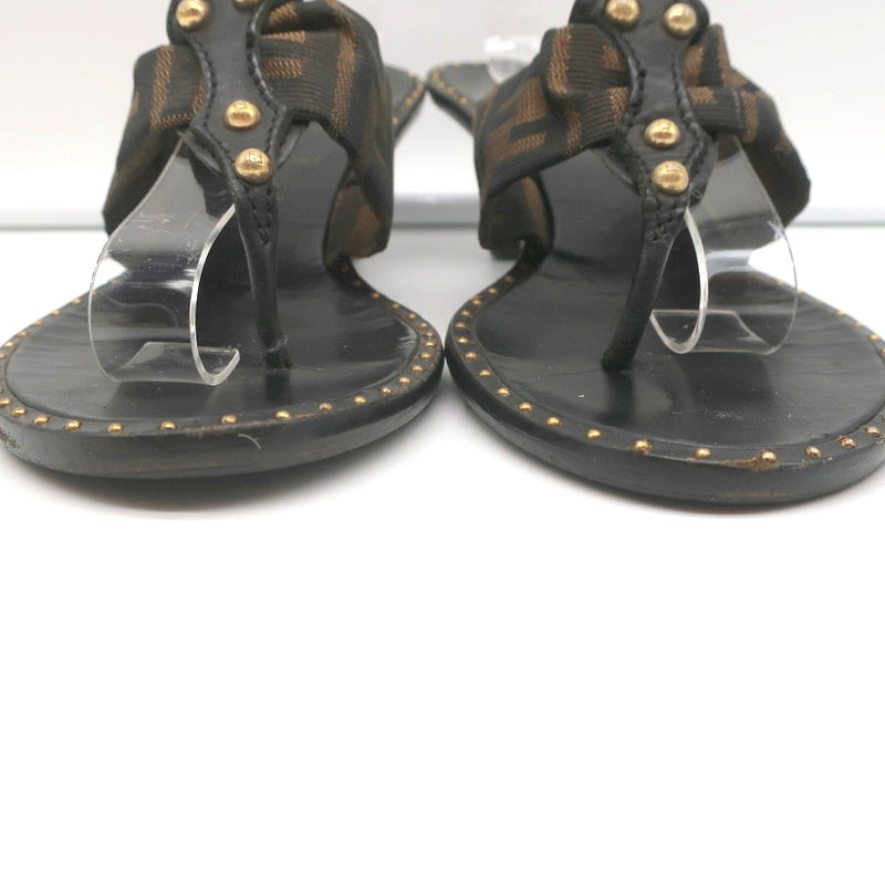 Fendi Zucca Thong Sandals Brown with Black Leather Size 36.5 Kitten Heel Slides product image 4, provided for visual
