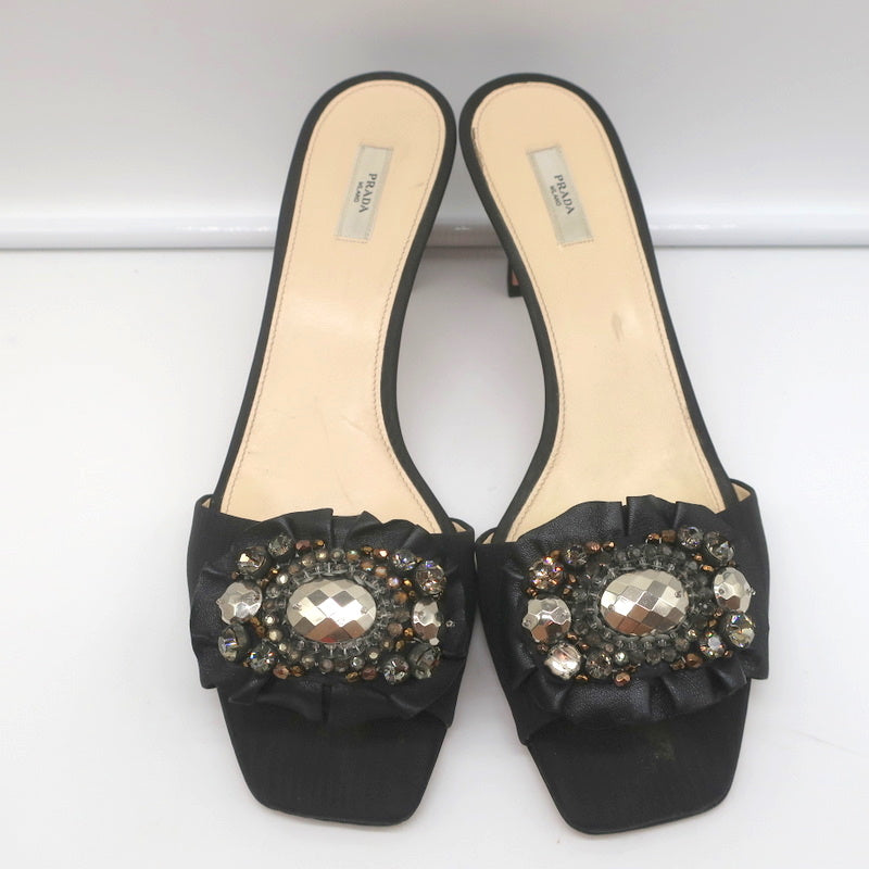 Prada Mules Black Embellished Leather & Faille Size 38 Open Toe Sandals product image 4, provided for visual reference and