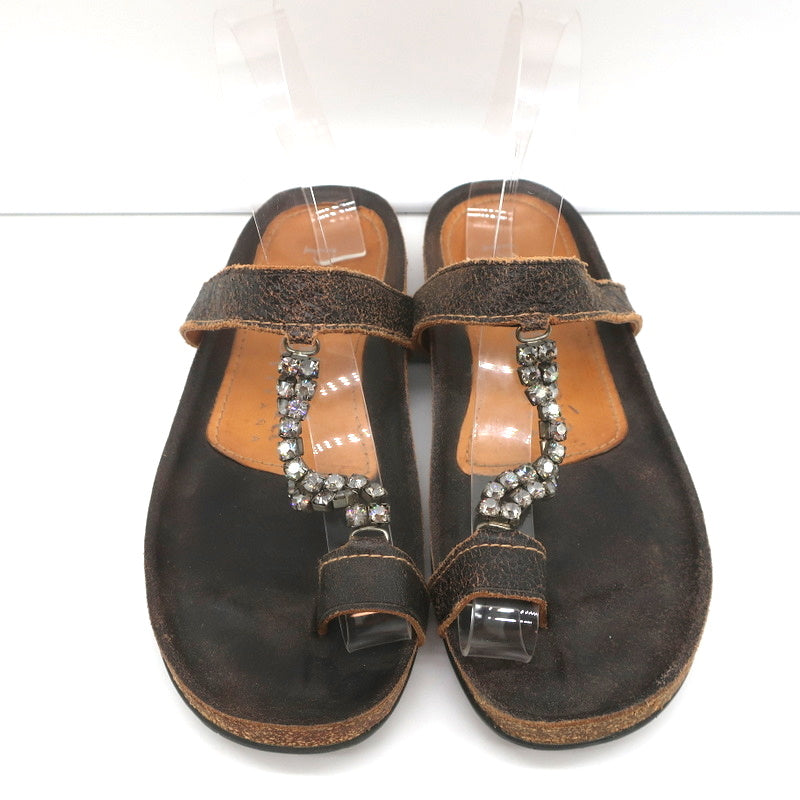Pedro Garcia Crystal T-Strap Sandals Dark Brown Leather Size 37 Toe Ring Slides product image 4, provided for visual