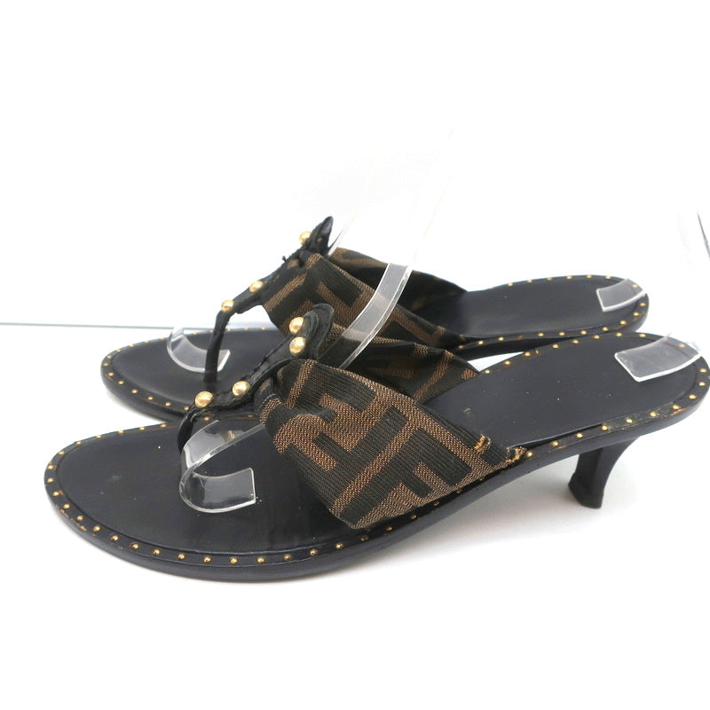 Fendi Zucca Thong Sandals Brown with Black Leather Size 36.5 Kitten Heel Slides product image 5, provided for visual