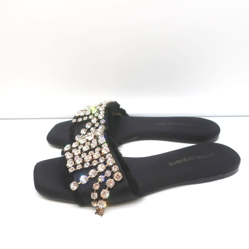 Anna Baiguera Crystal Fringe Slide Sandals Black Satin Size 38 Flat Mules product image 6, provided for visual reference and