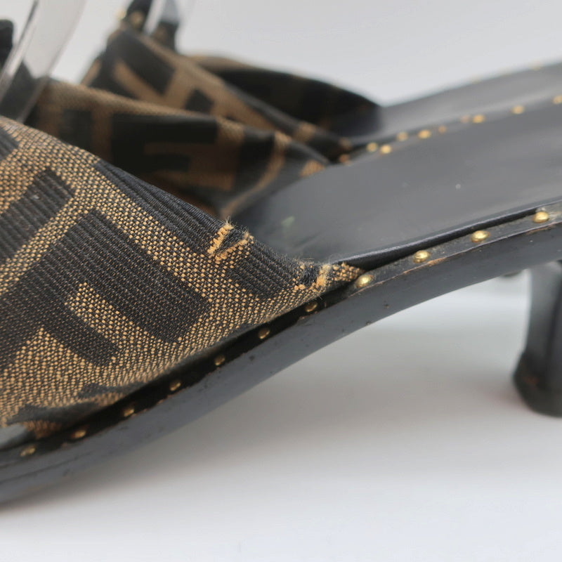 Fendi Zucca Thong Sandals Brown with Black Leather Size 36.5 Kitten Heel Slides product image 6, provided for visual