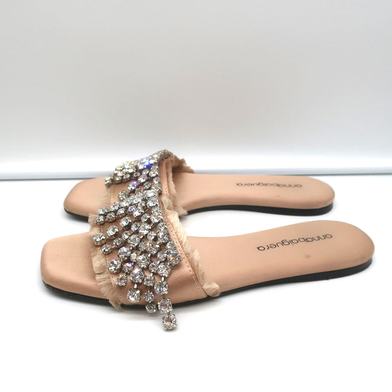 Anna Baiguera Crystal Fringe Slide Sandals Peach Satin Size 38 Flat Mules product image 6, provided for visual reference and