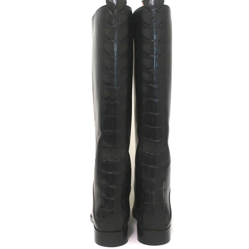 Fendi Riding Boots Black Croc-Trim Leather Size 36 Flat Knee High Boots product image 7, provided for visual reference and