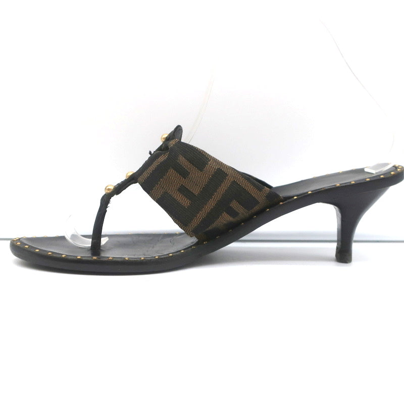 Fendi Zucca Thong Sandals Brown with Black Leather Size 36.5 Kitten Heel Slides product image 7, provided for visual