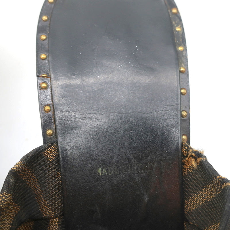 Fendi Zucca Thong Sandals Brown with Black Leather Size 36.5 Kitten Heel Slides product image 9, provided for visual