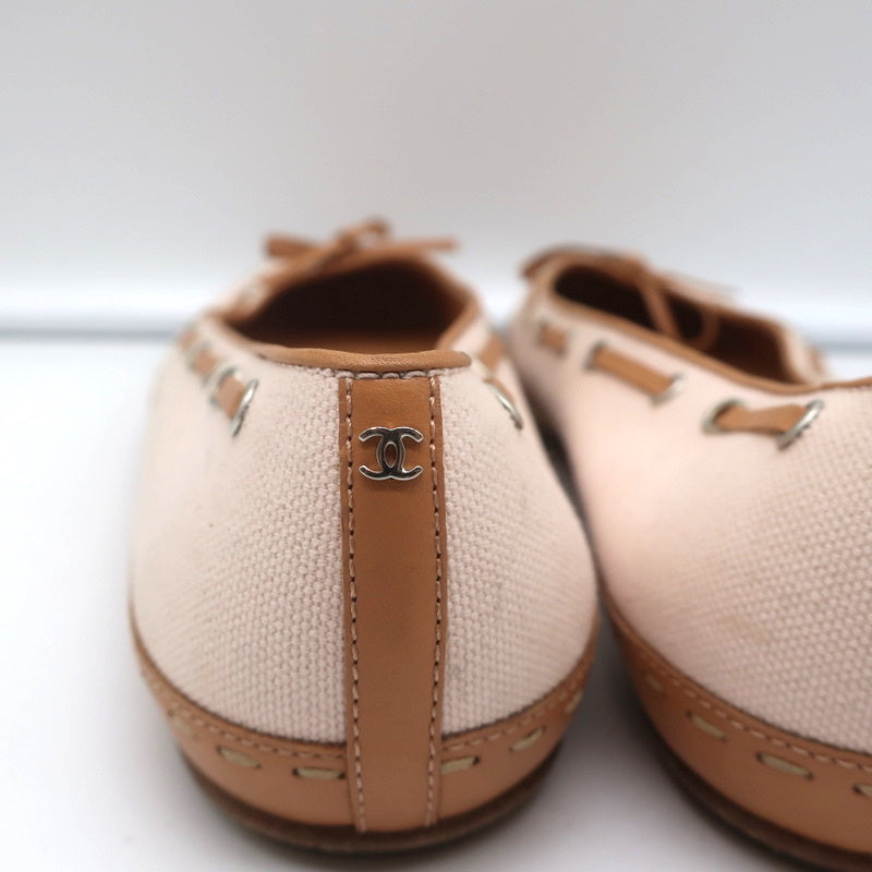 Laced Bow Ballet Flats Very Light Pink Canvas & Tan Leather Size 39.5 product image 9, provided for visual reference and